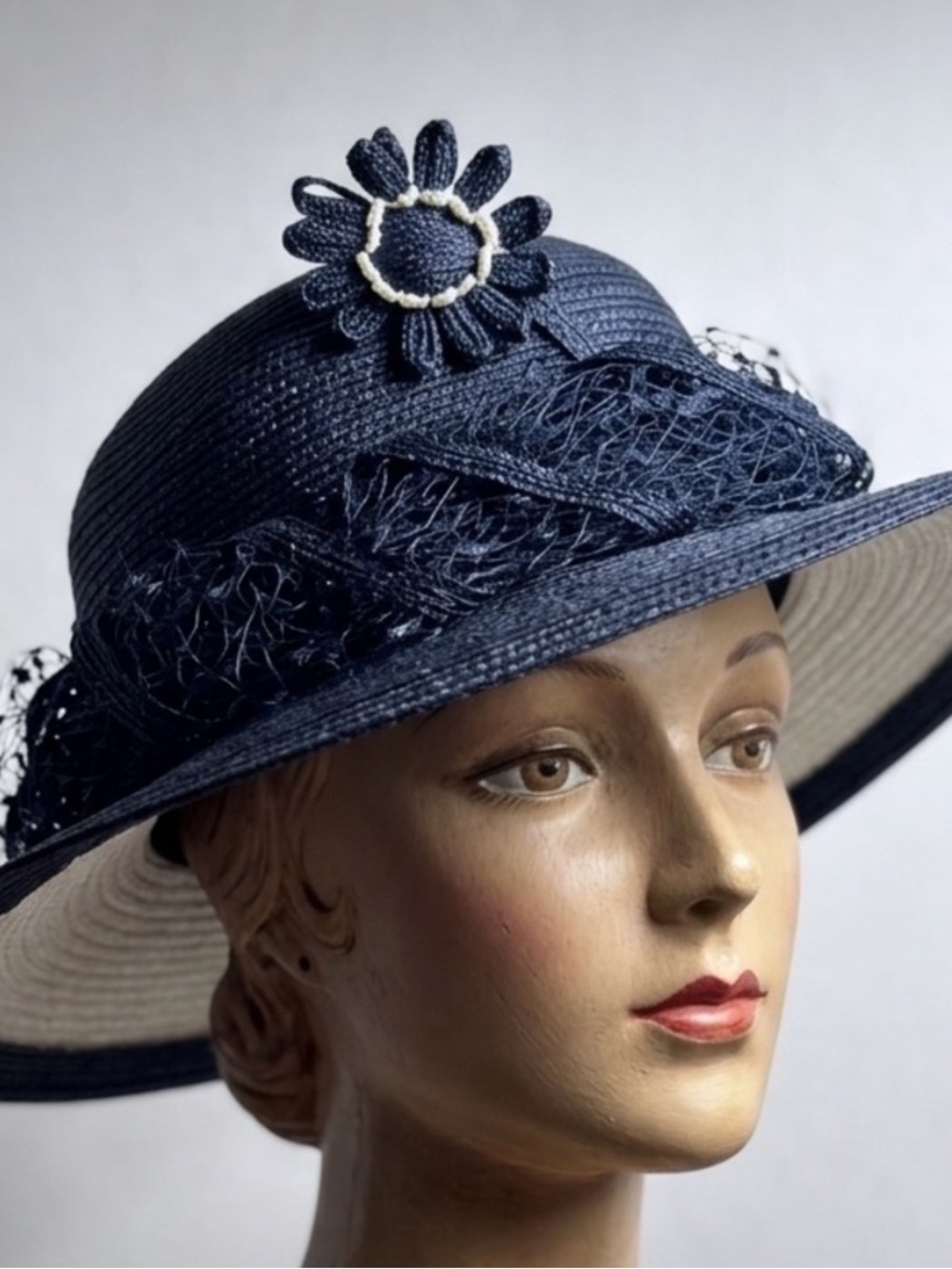Vintage Christian Dior
Chapeaux Navy Straw Wide
Brim Hat 1960s Paris New York